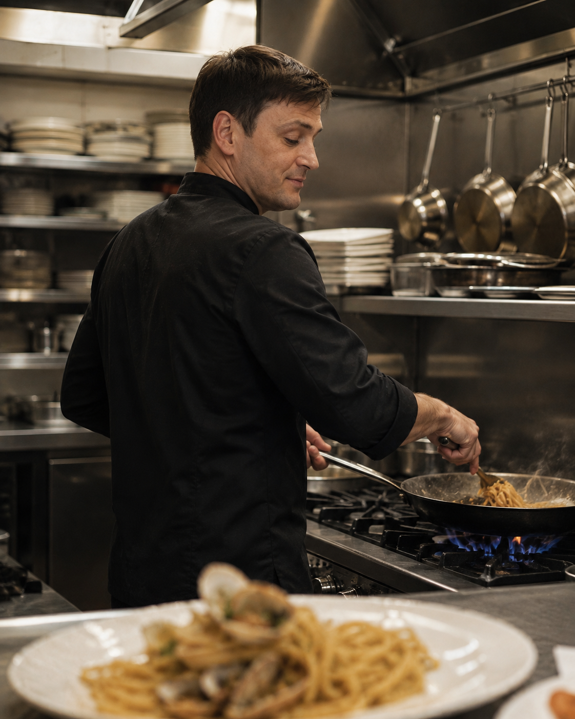 Matthew Ellis finishing pasta in a pan at the stove.