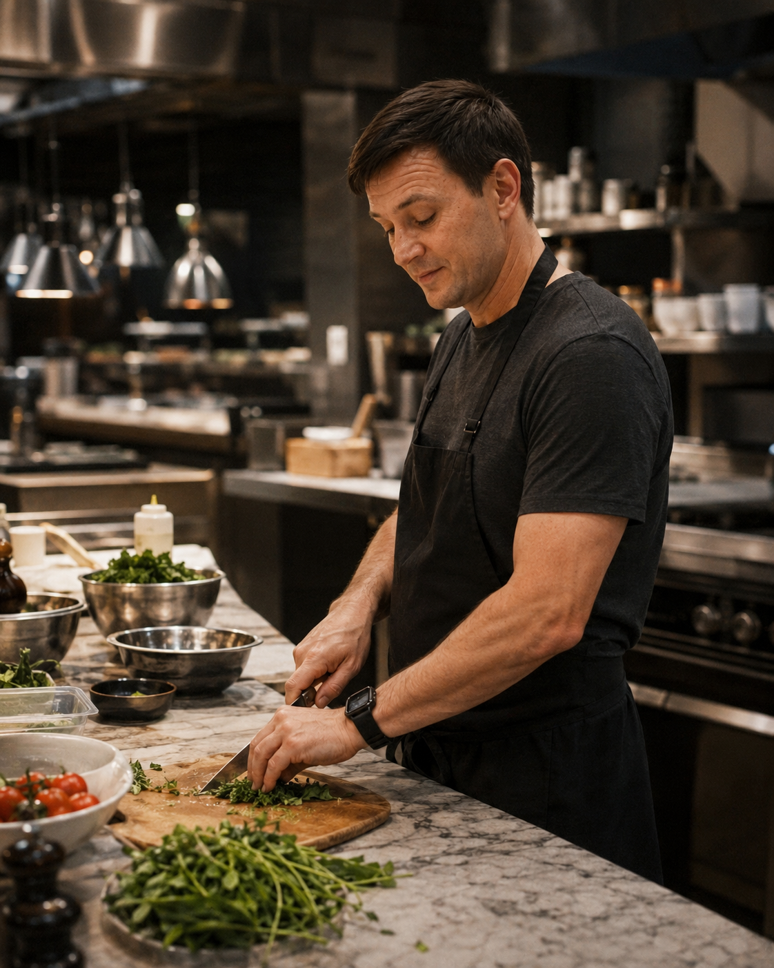 Matthew Ellis preparing fresh herbs on a marble counter.