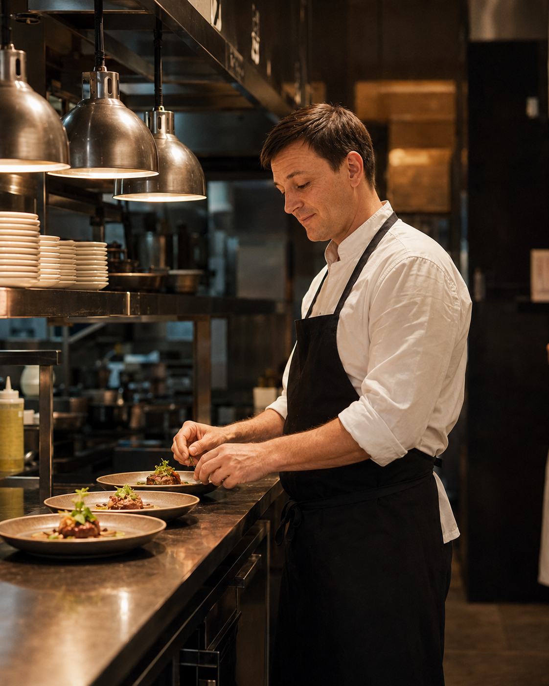 Matthew Ellis plating dishes on the pass under warm heat lamps.